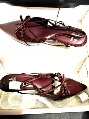 Madden Pointed Bow Slingback Heels in Burgundy Patent